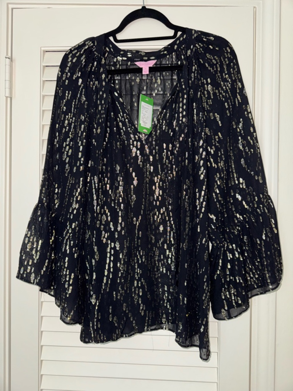 NWT Lilly Pulitzer Matilda Silk Black Top with Gold Metallic Print
